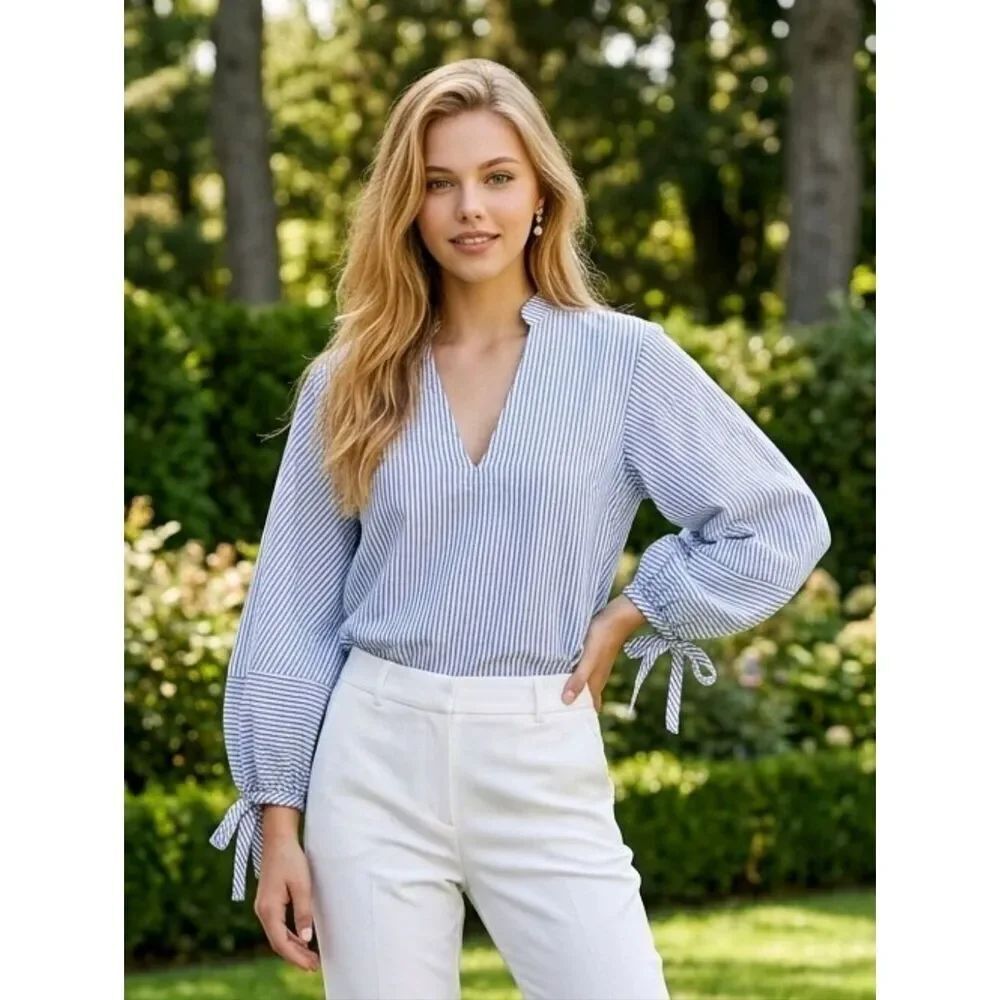 Melrose and Market Navy Stripe Puff Bow Tie Long Sleeve Top Women's Blouse Shirt
